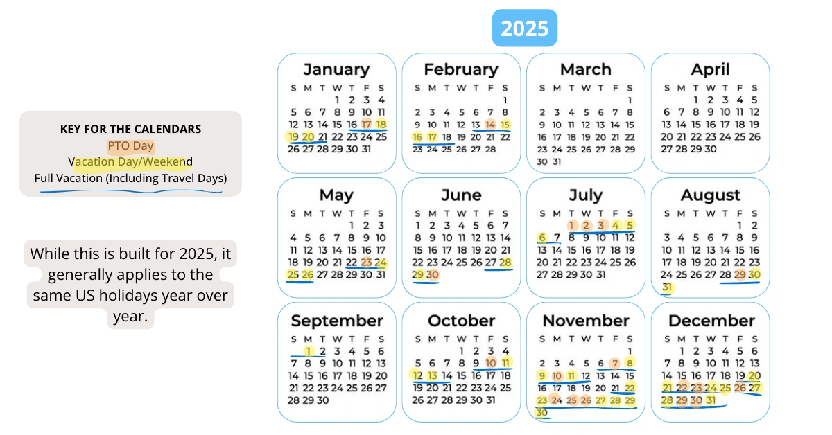 How to Travel with a Full Time Job, Time Hack 1 - PTO calendar 2025